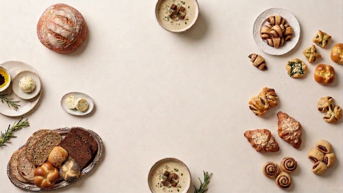 A baker's table with breads and pastries around an empty center